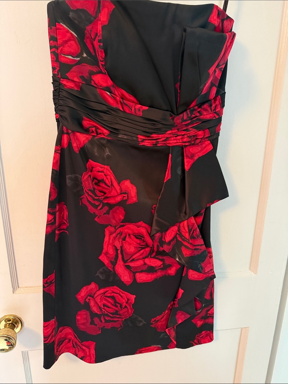 White House Black Market Strapless Black Dress with Red Rose Print